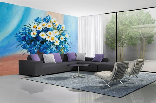 Vlies Fototapete - Gemälde - Blauer Blumenstrauß 375 x 250 cm